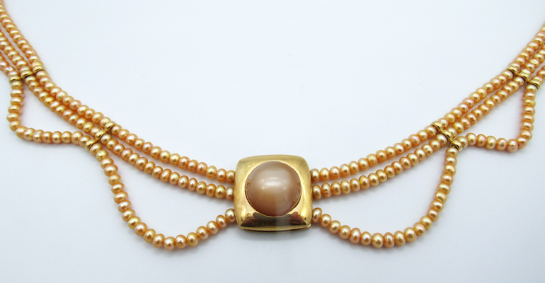 14K Gold Moonstone & Pearl Necklace